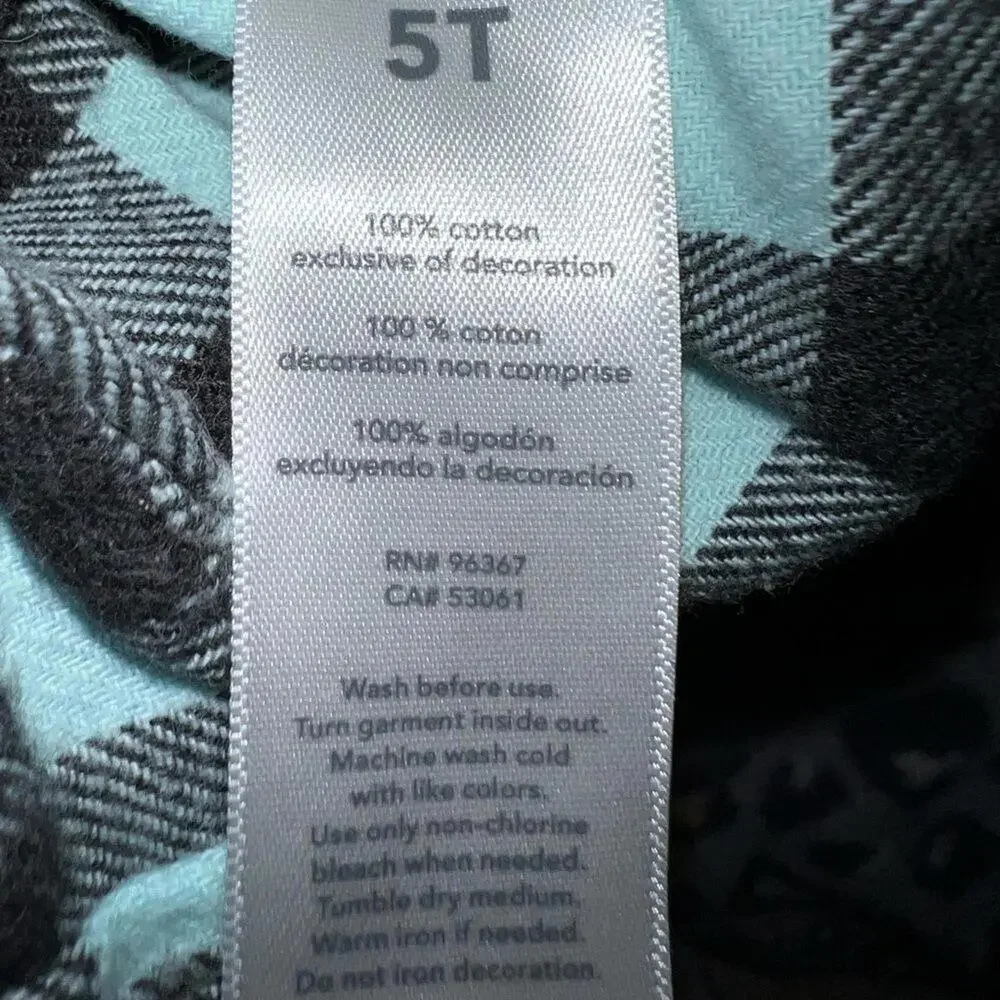 OshKosh B'gosh Toddler 5T Mint Green‎ Black Plaid 100% Cotton Flannel Shirt